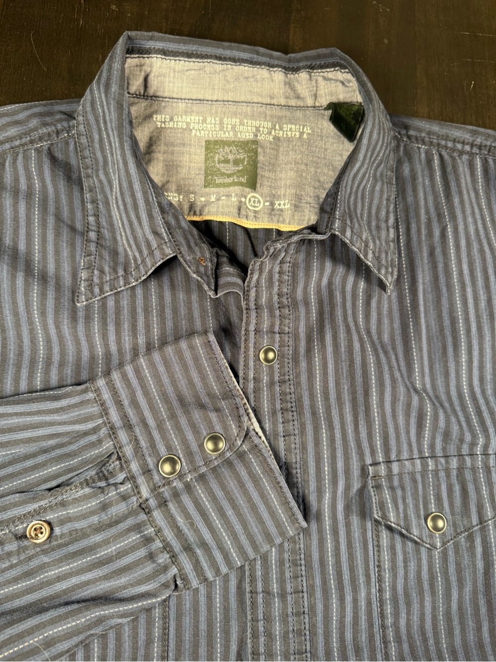 Timberland Men's Blue and Gray Striped Button-Down Shirt